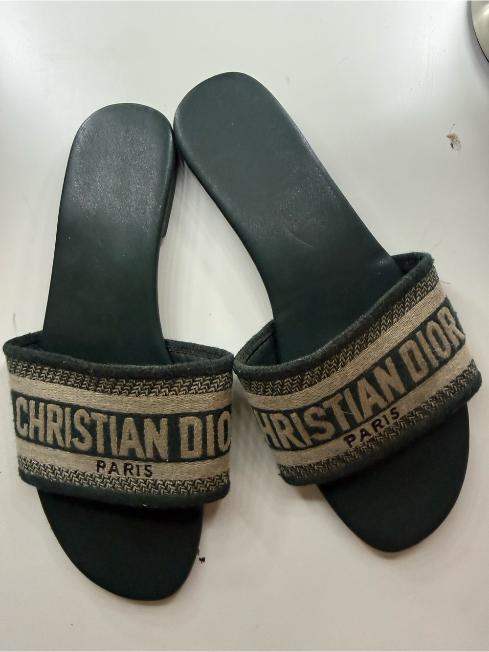 Dior Green Canvas Logo Slide Sandals